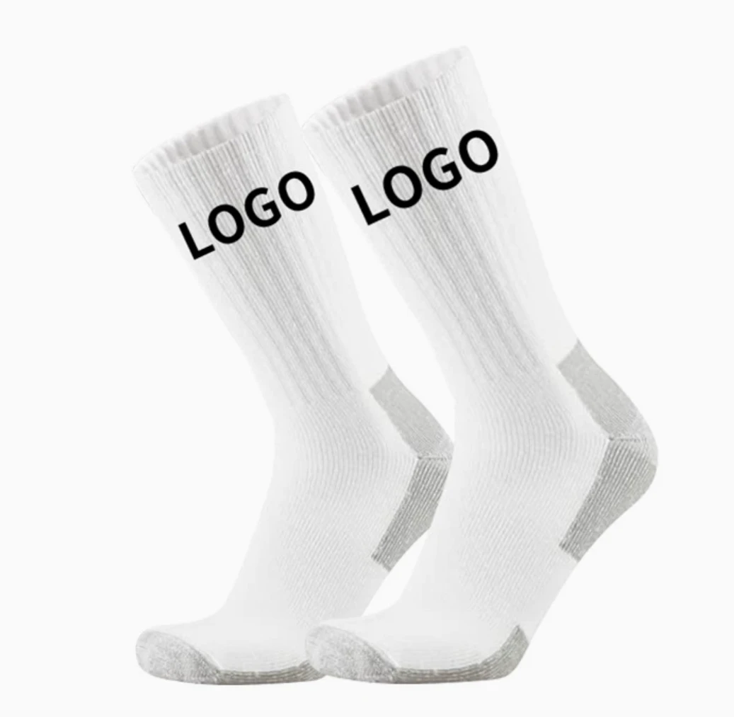 White physical sock samples with placeholder LOGO lettering
